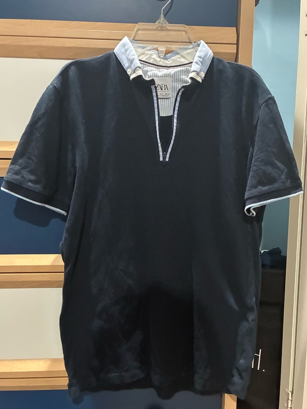 Zara Navy Polo with Light Blue Trim and Button-Down Collar